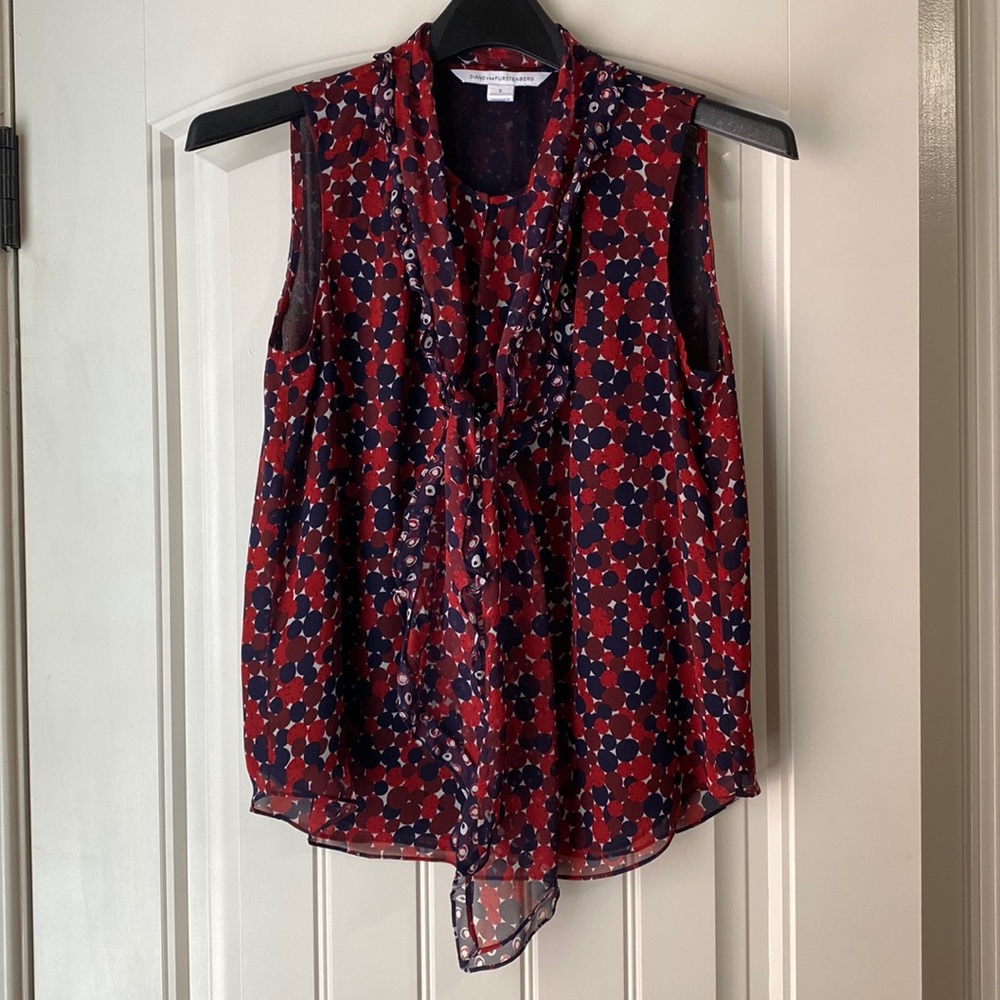 Diane von Furstenberg DVF Tie Neck Silk Sleeveless Blouse Top Small